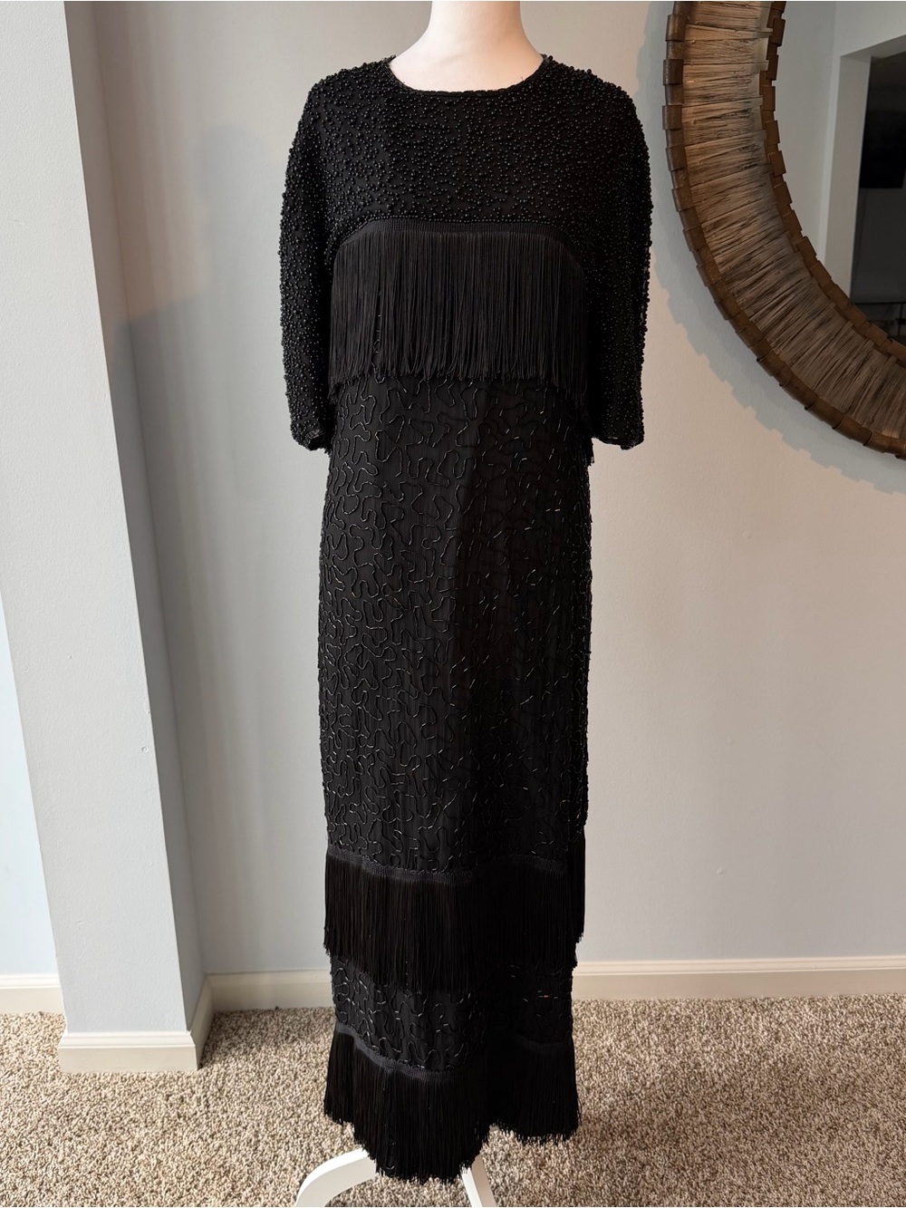 Vintage 80s 90s Black Beaded Fringe Flapper Maxi Dress - Evening Gown 3/4 Sleeve